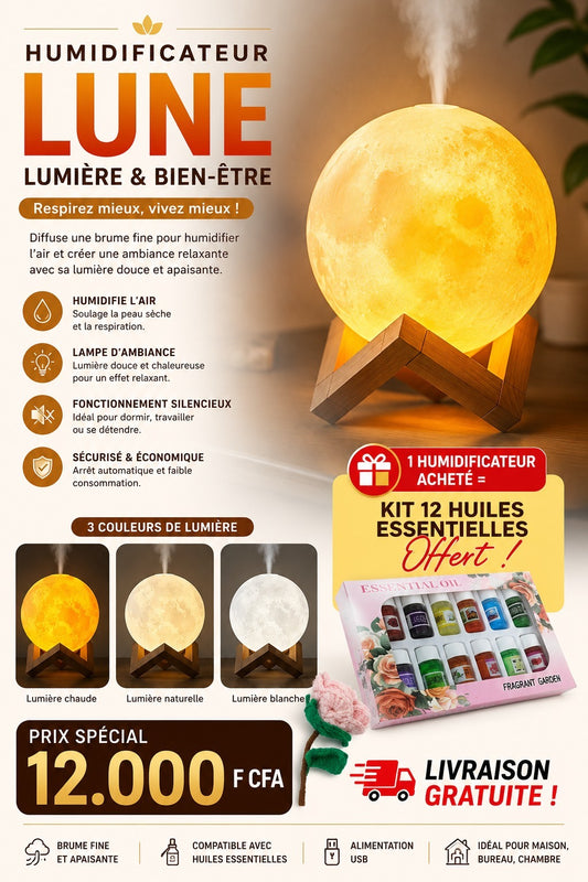 🌙 HUMIDIFICATEUR LUNE 3D + KIT DE 12 HUILES ESSENTIELLES OFFERT !
